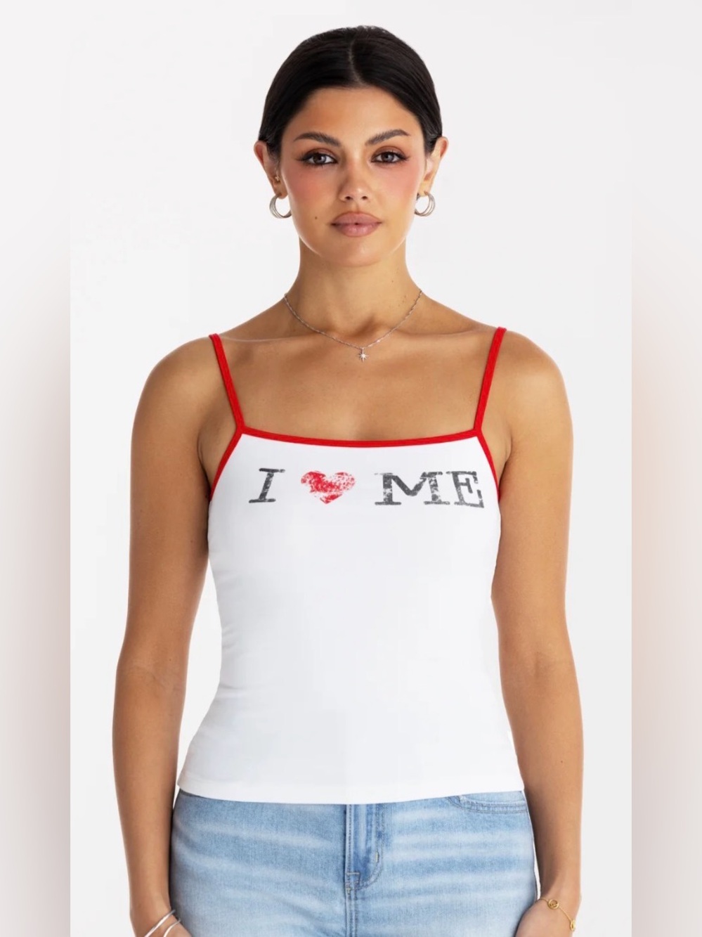 Miss Me White Cami with Red Trim and Heart Graphic